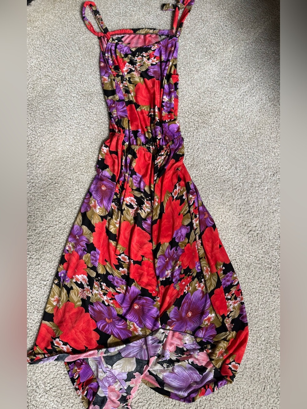 Sleeveless Floral Maxi Dress in Black with Red & Purple Blooms self tie strap